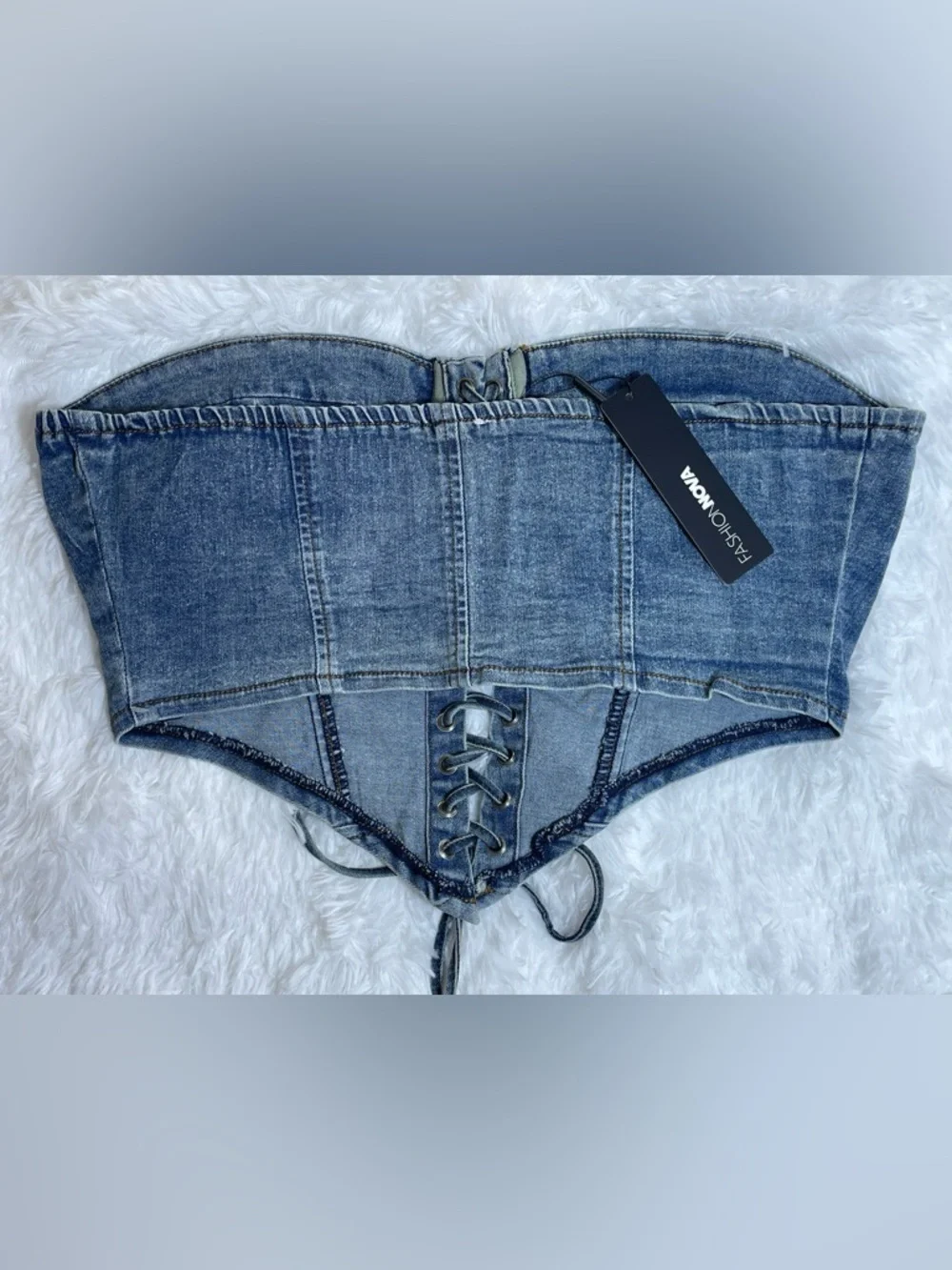 Fashion Nova Women’s MediumWash Denim Lace-Up Corset Crop Top Size XL NWT